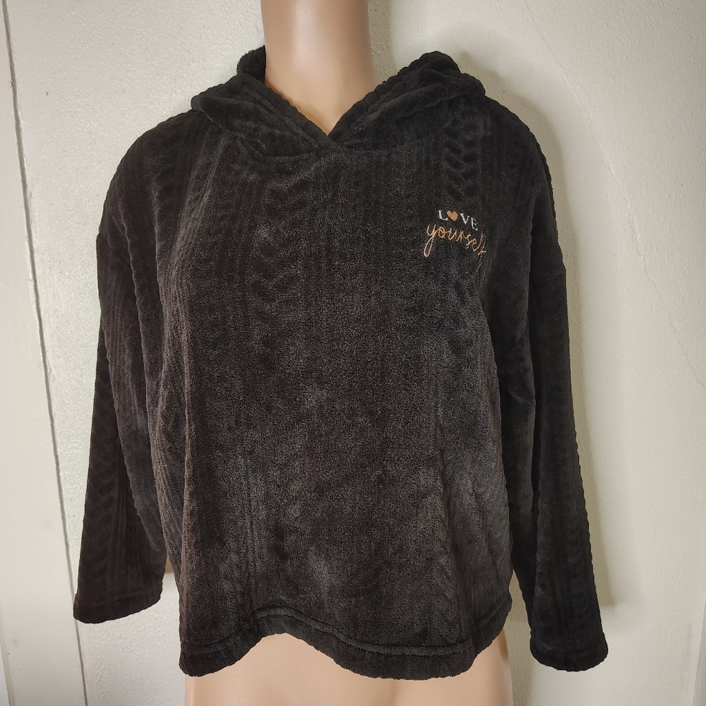 Joyspun Black Plush Hoodie "Love Yourself" Embroidery Size XS